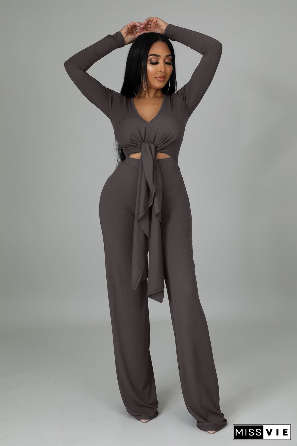 V Neck Irregular Top Straight-leg Pants Set