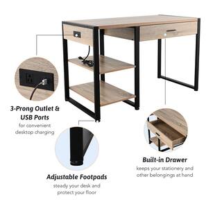 Merra 47 in. Maple 1-Drawer Computer Desk with Removable Shelves and Integrated Charging Station CCD-J001-BR-BNHD-1