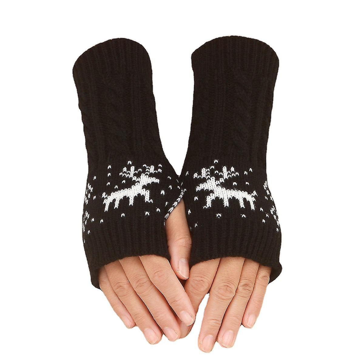 Women Fingerless Gloves - Winter Arm Warmer Gloves Wrist Gloves Thumbhole Stretchy Gloves Knitted Gloves2setwhite + Black