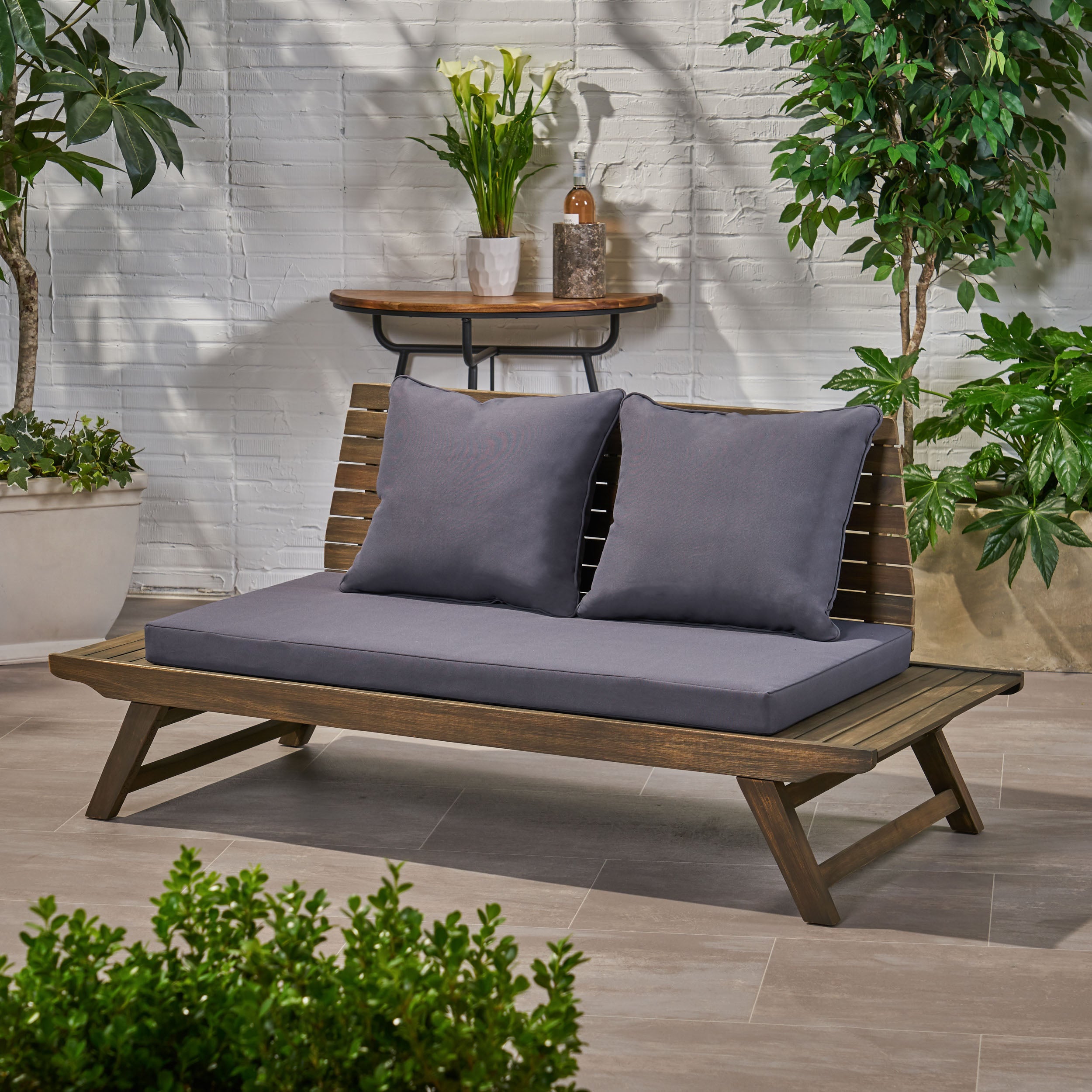 Kailee Outdoor Wooden Loveseat with Cushions, Dark Gray and Gray Finish