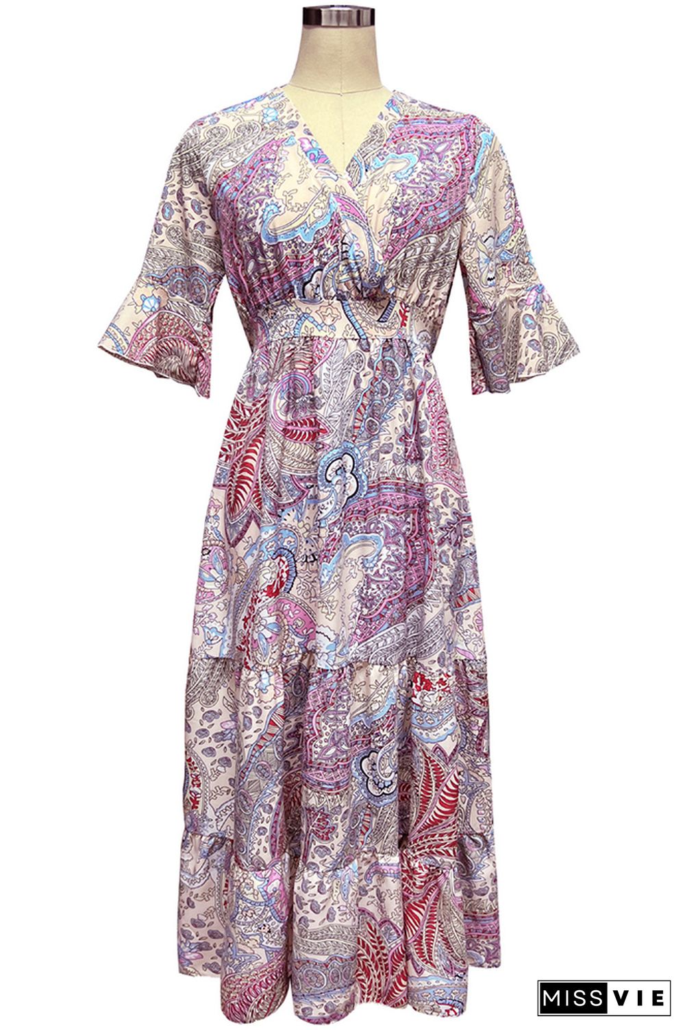 Paisley Floral Print Flare Sleeves Maxi Dress Wholesale