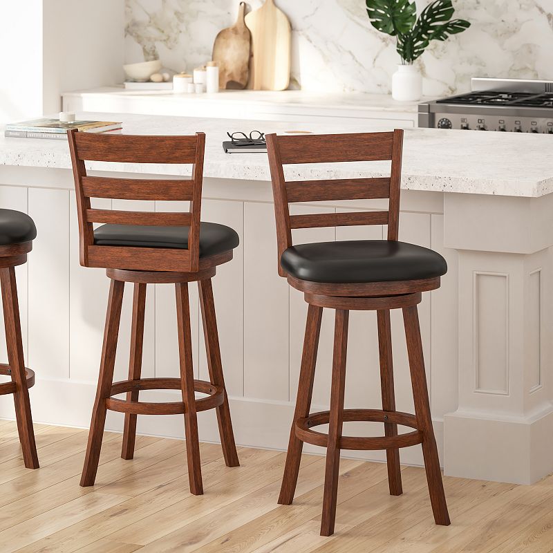 Merrick Lane Silla 30 Classic Wooden Ladderback Swivel Bar Height Stool with Upholstered Padded Seat and Integrated Footrest