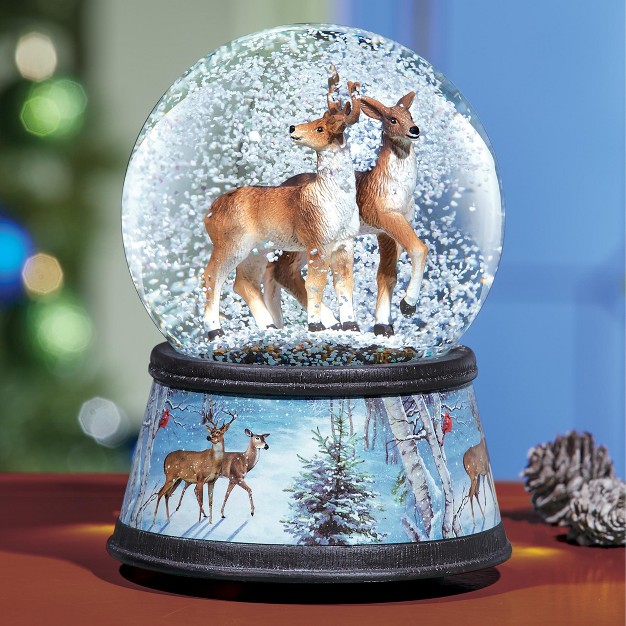 Collections Etc Hand painted Winter Deer Musical Snow Globe 4 X 4 X 5 75