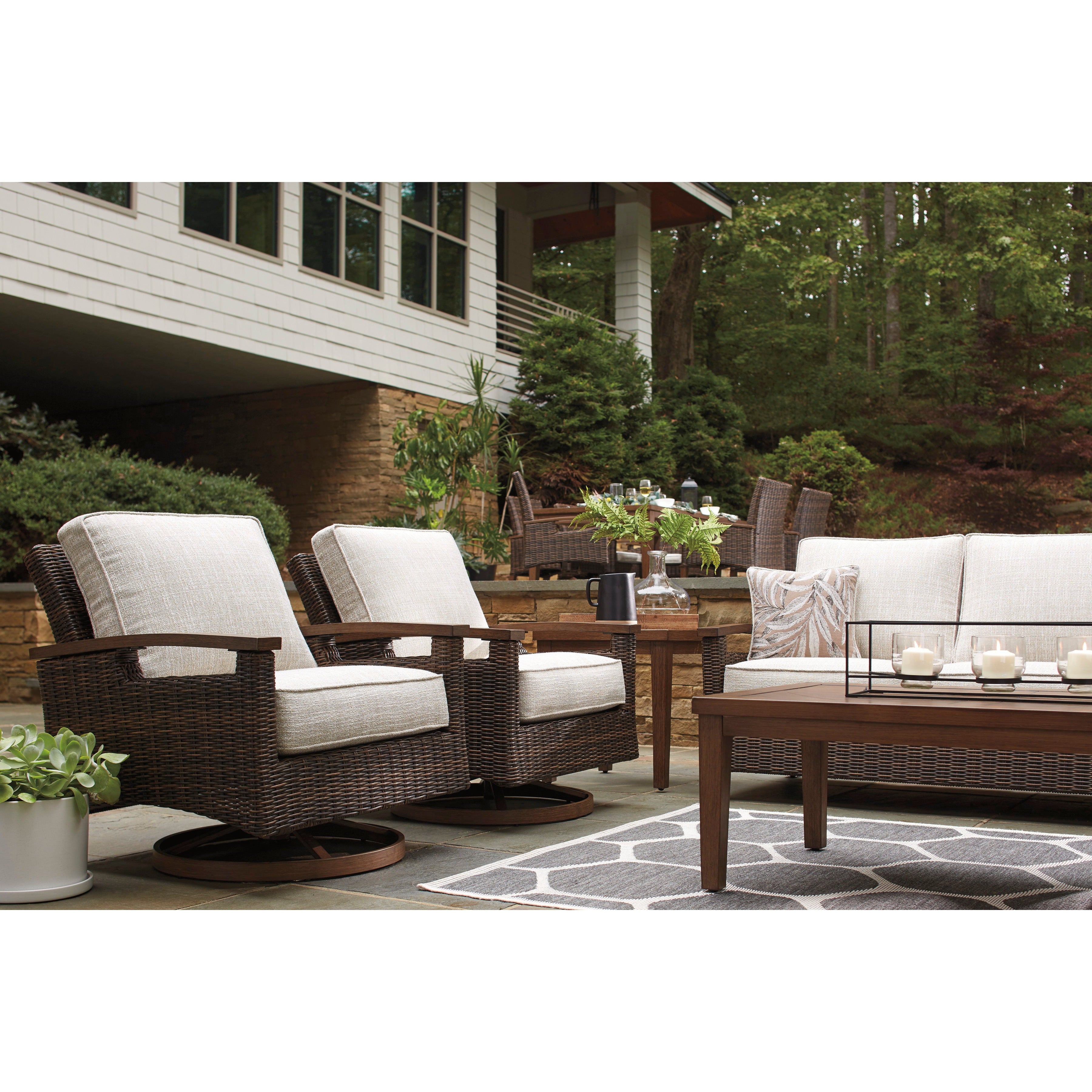 Sea Cliff 4pc Outdoor Seating Set:Sofa + 2 Swivel Rocker Club Chairs + Firepit