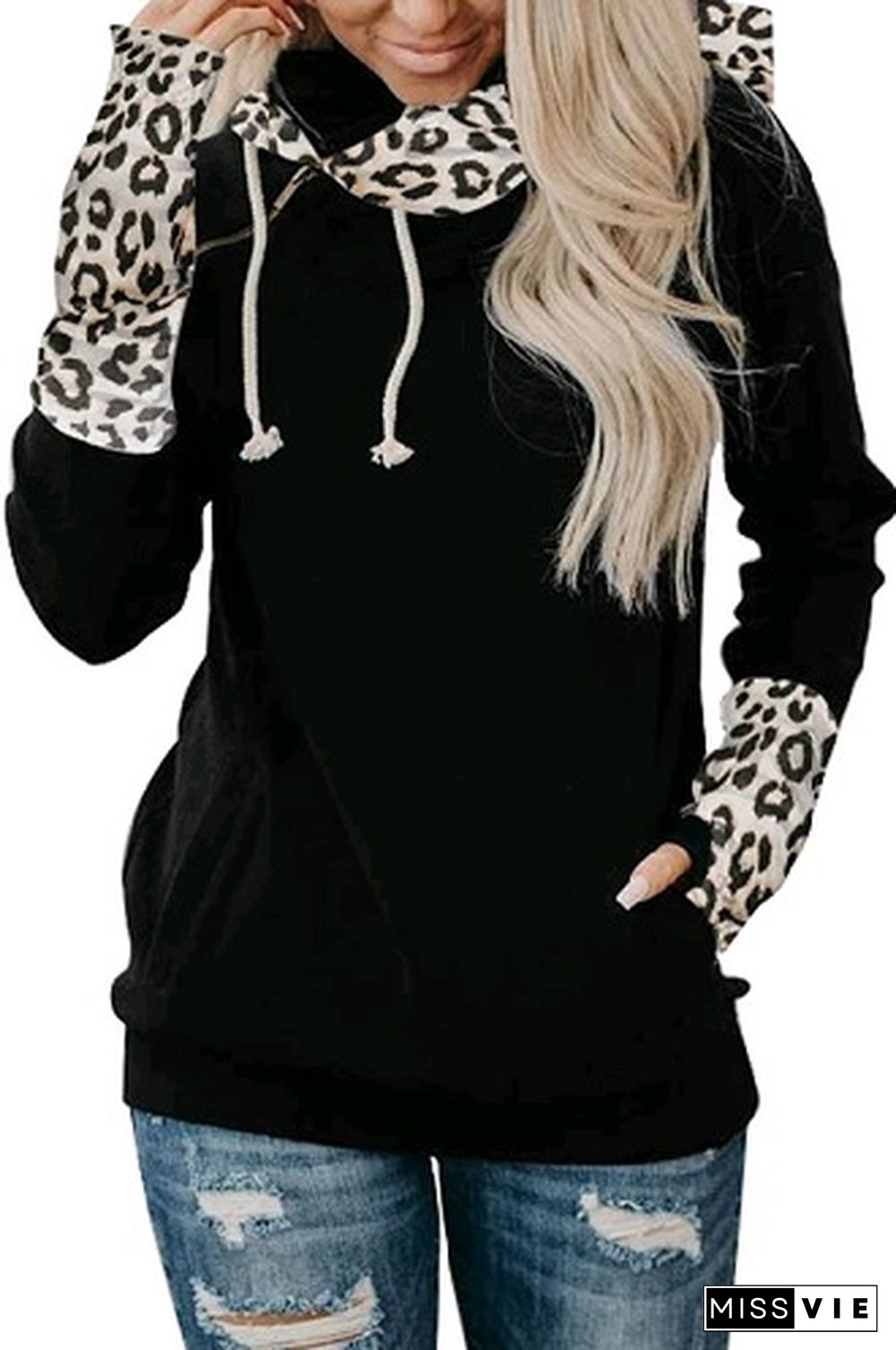 Black Leopard Striped Sleeve Loose Hoodies