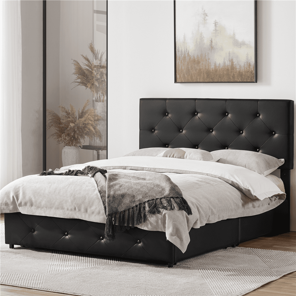 Topeakmart Full Size Upholstered Platform Bed Mattress Foundation with 4 Drawers Storage, Black