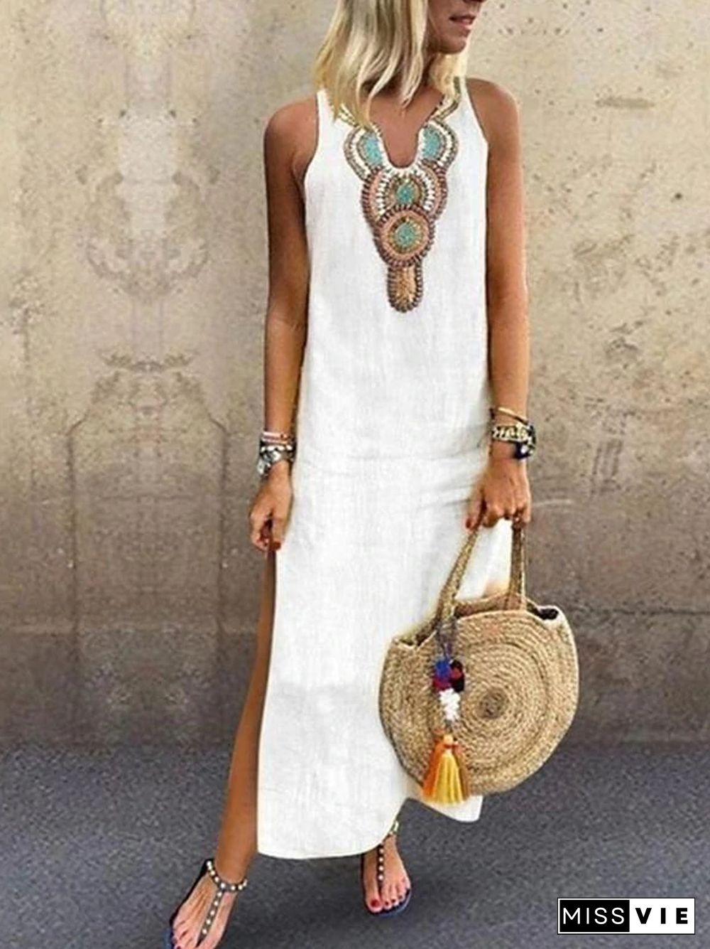 Women's Blazer Dresses Maxi long Dress - Sleeveless Tribal Split Print Summer V Neck Plus Size Hot Casual Boho Holiday Beach White Yellow Wine Green Gray S M L XL XXL White Dresses