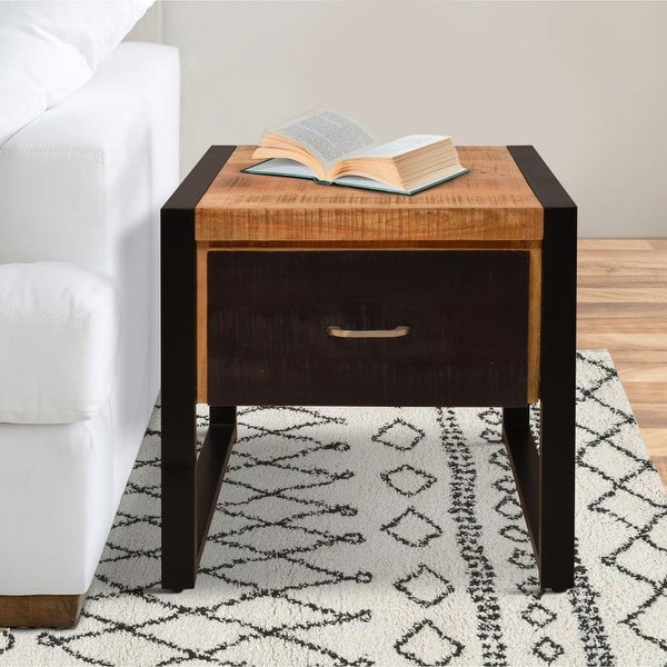 24 Inch Single Drawer Wooden Side Table with Metal Frame， Brown and Black - 24 L X 24 W X 24 H Inches