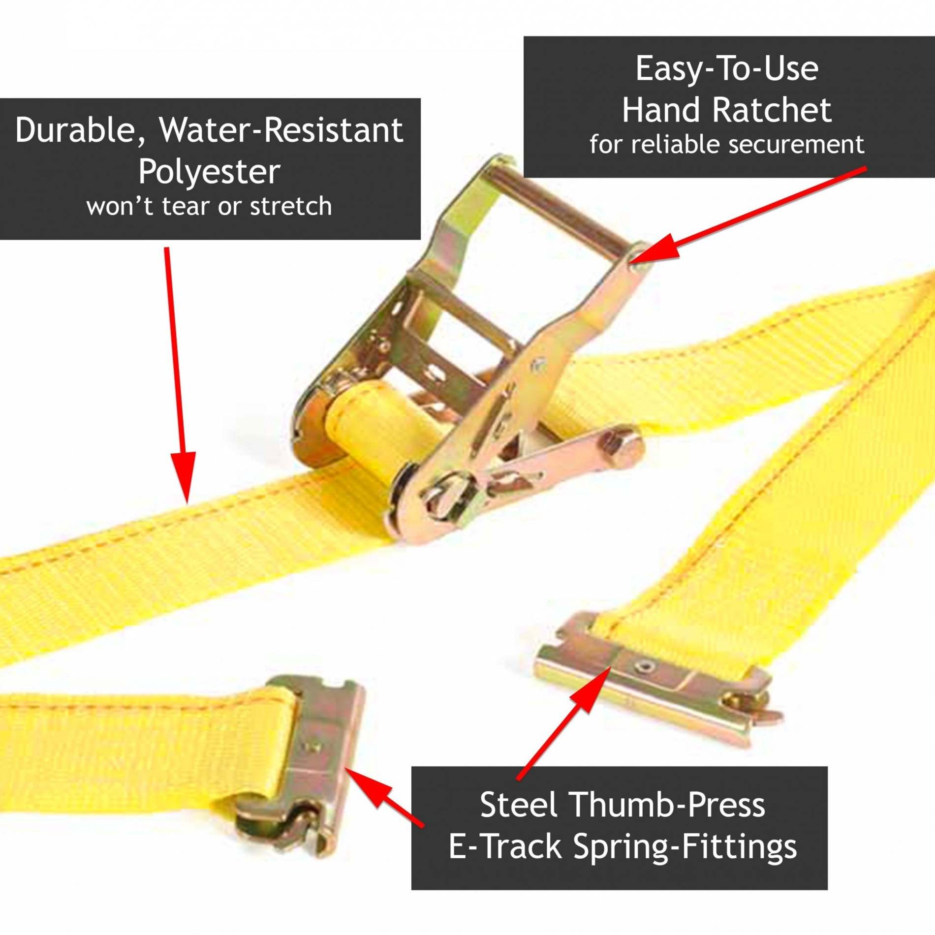 DC Cargo E-Track Ratcheting Straps Cargo Tie-Downs, (Pack of 2) 2 x 12 Heavy Duty Yellow Polyester Tie-Down Rachet Straps, Strong Ratchet Strap, E-Track Spring Fittings, Tie Down Motorcycle