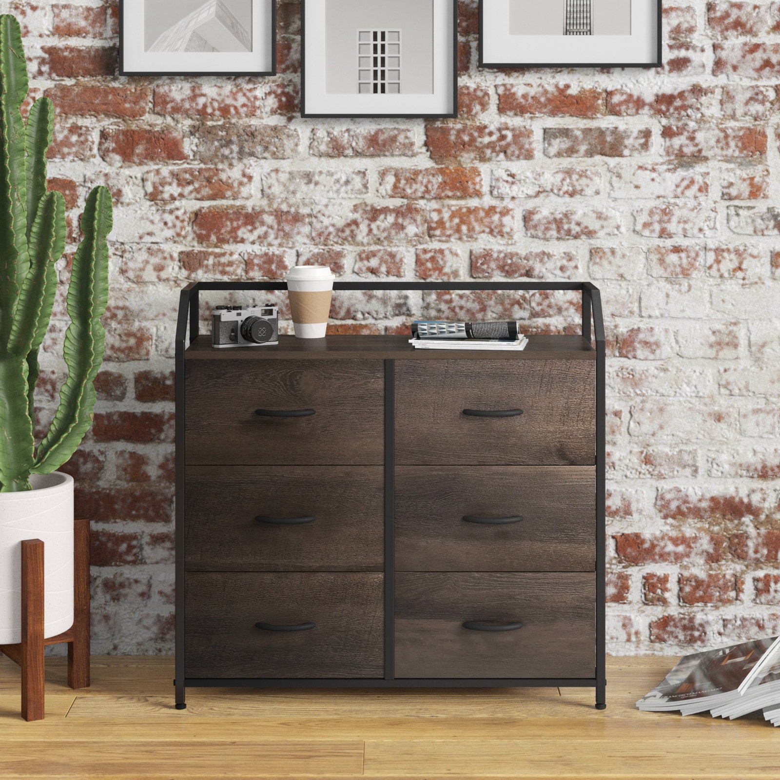 Homfa Fabric Dresser with 6 Drawers Wide Chest of Drawers with Wood Top Sturdy Metal Frame Furniture Storage Tower for Bedroom, Closets, Hallway, Entryway, Dark Brown