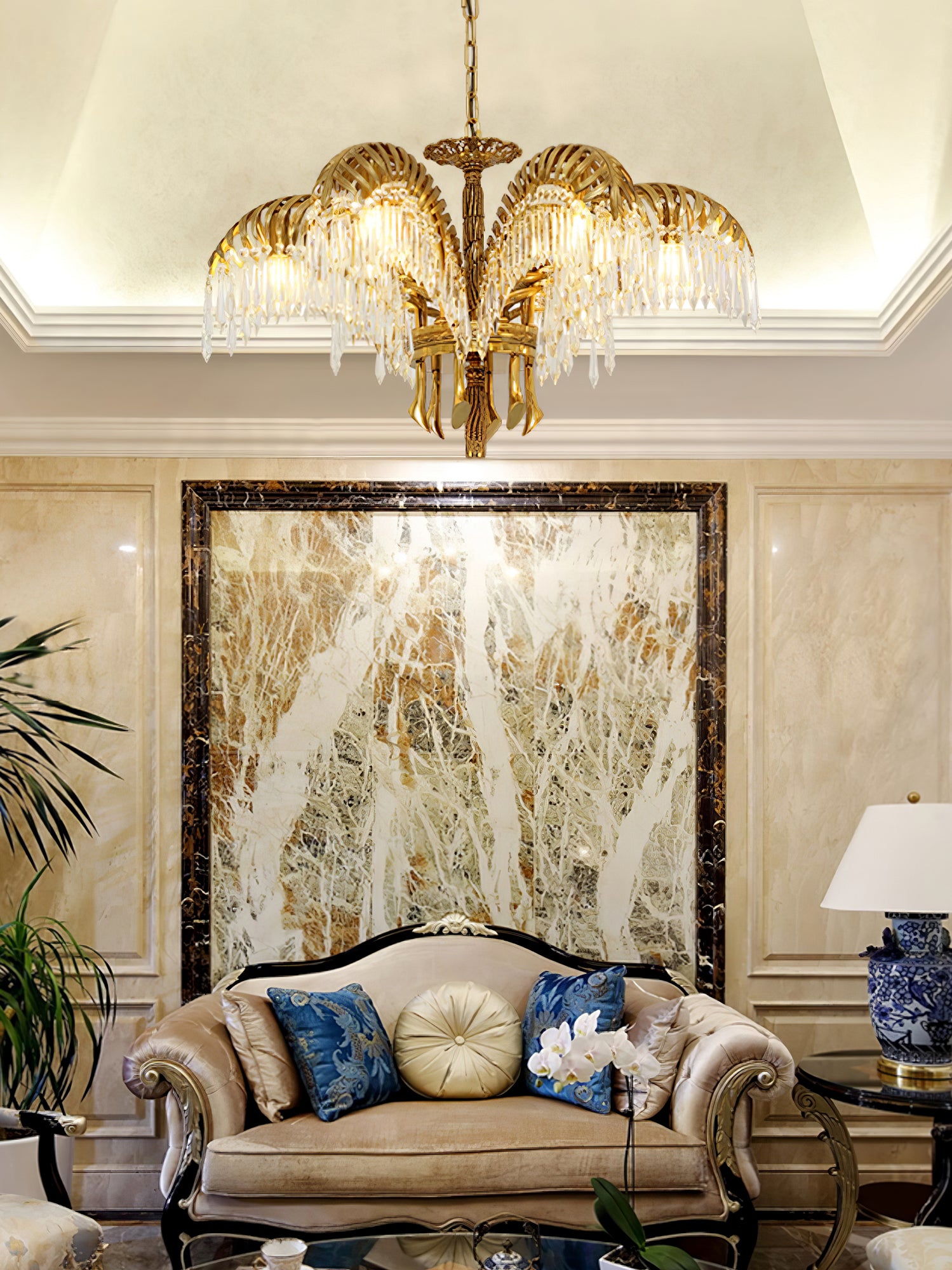 Brass Palm Leaf Crystal Chandelier