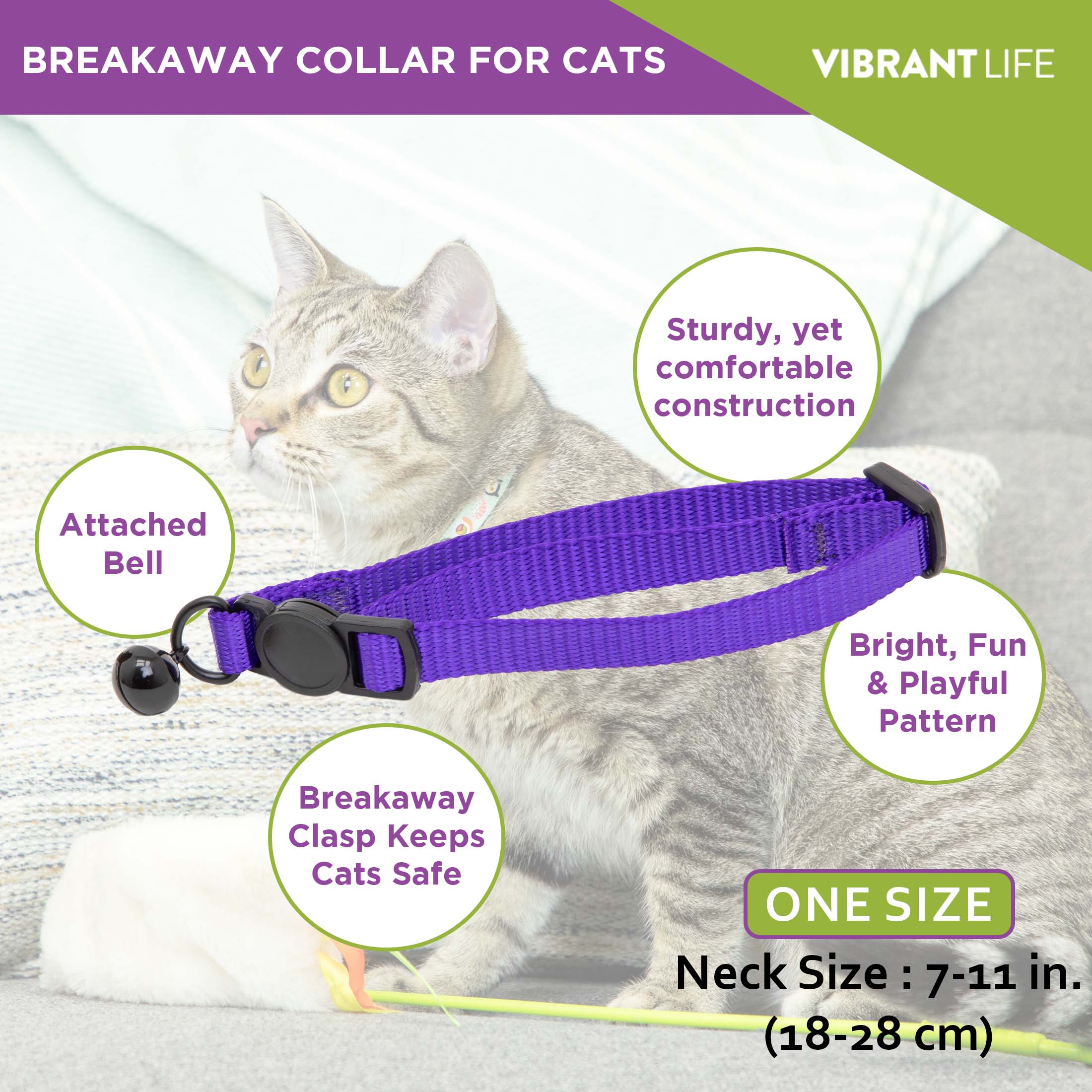 Vibrant Life 2-Pack Cat Collar， Multi Color Rainbow Stripe， and Solid Blue， One Size