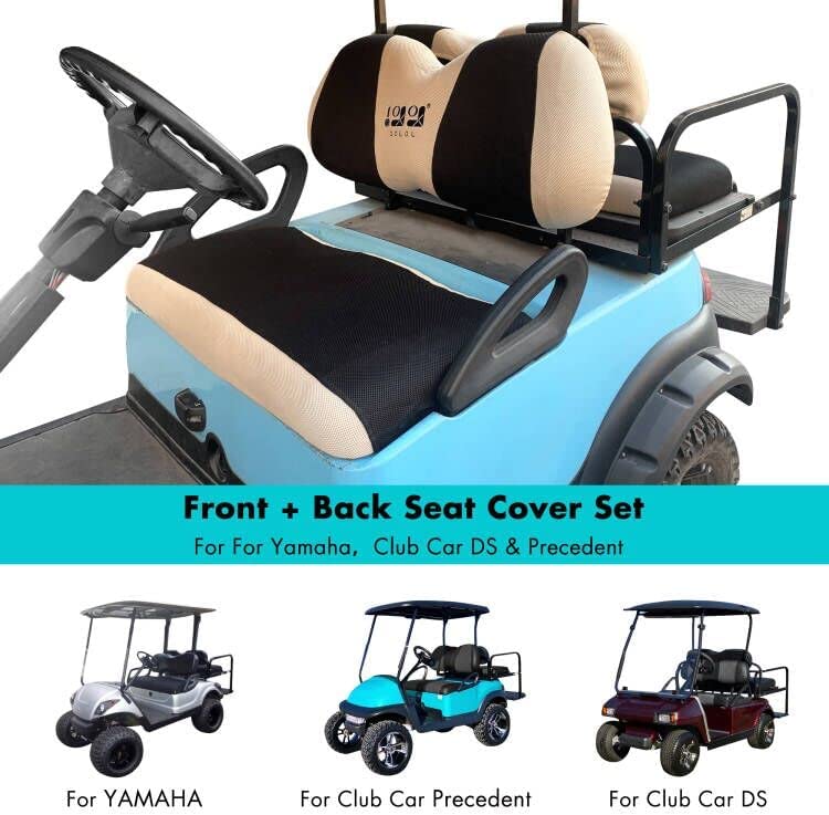 10L0L Golf Cart Front Rear Seat Cover Set Fit Yamaha and Club Car Precedent， Breathable Polyester Golf Cart Part Accessories Black Beige L+XS size