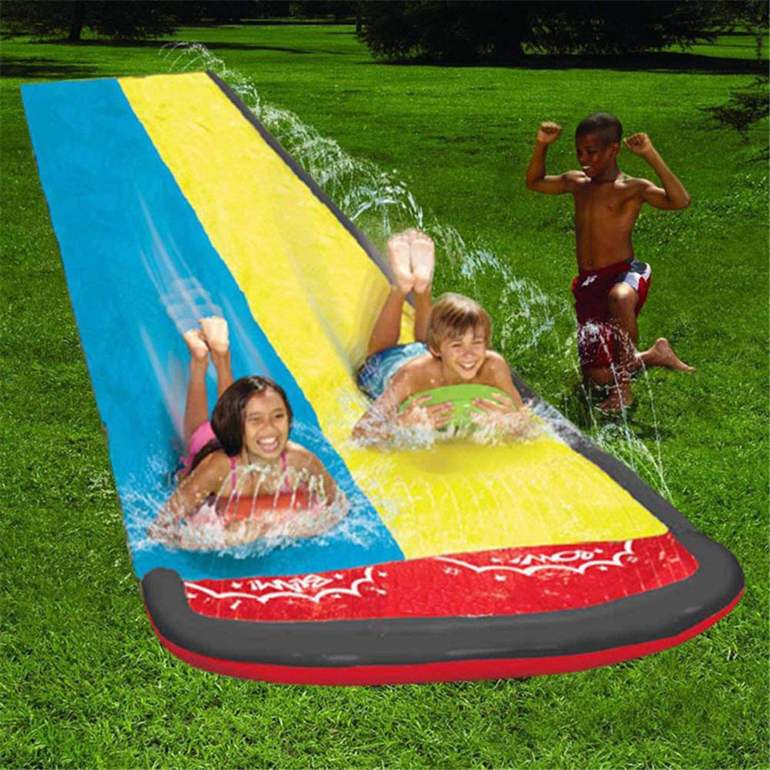 Lane Water Slip and Slide, 16ft Splash and Slide for Kid Adults Backyards | Garden Water Toys Splash Slip Waterslide with 2 Boogie Boards, 16 Foot Two Sliding Racing Lanes with Sprinklers