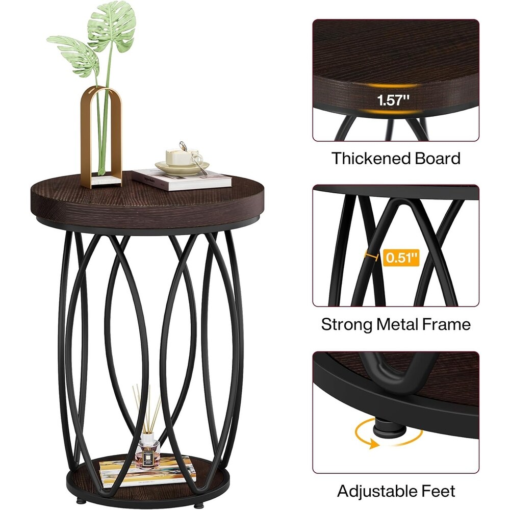 Industrial Round Side Table  Small End Table with Metal Frame