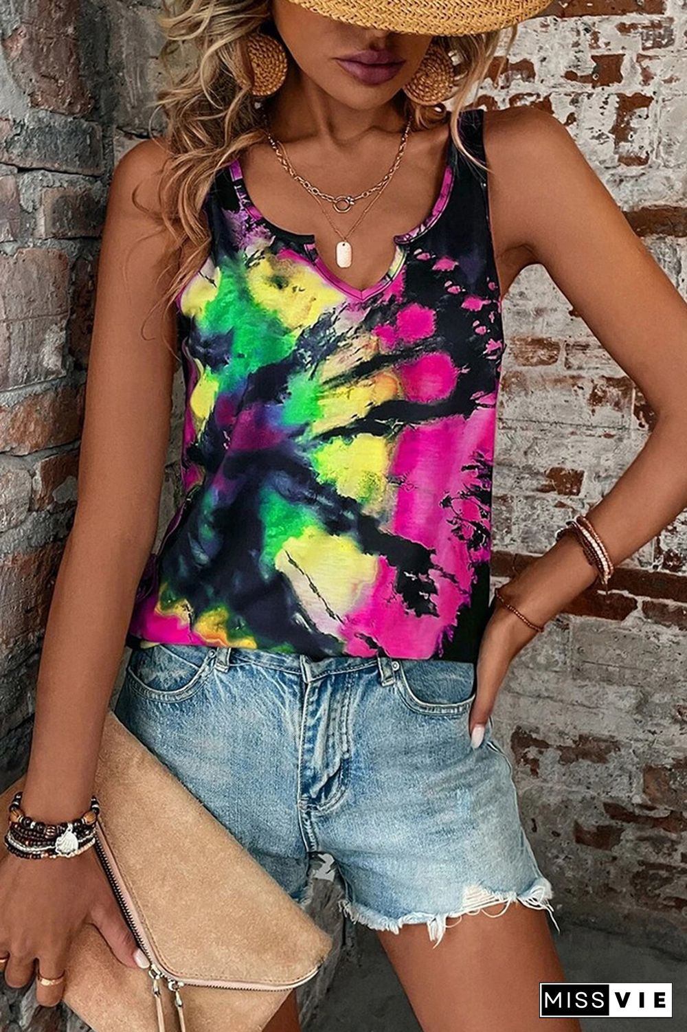 Split V Neck Tie Dye Tank Top