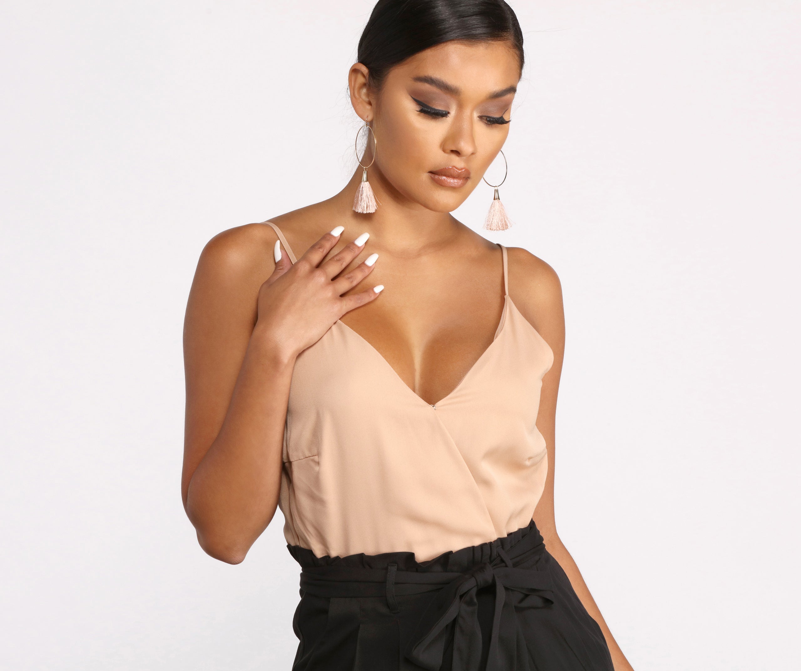 Two Tone Sleeveless V-Neck Paperbag Jumpsuit