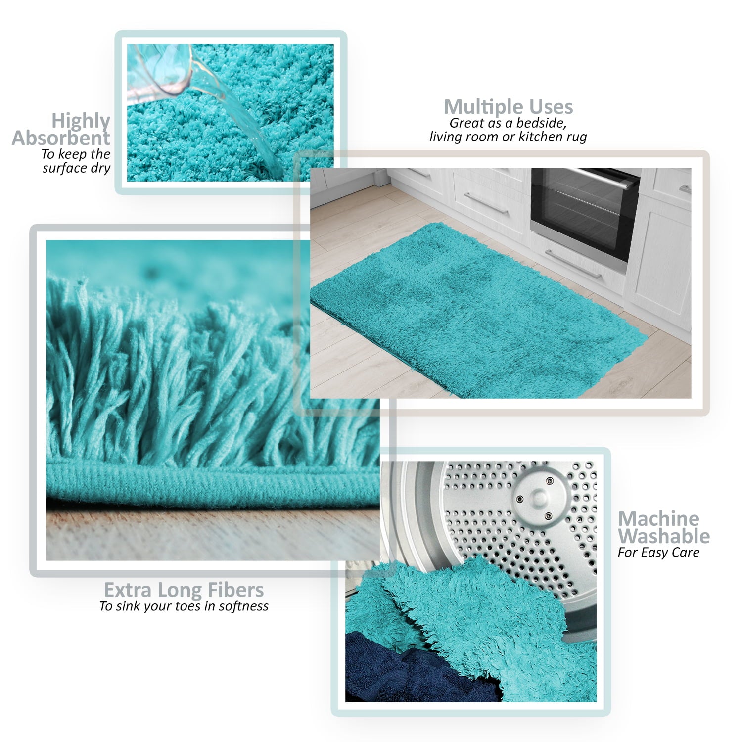 Clara Clark Set of 3 Absorbent Bath Mat Non-Slip Backing Rubber Bathroom Rugs， 17x24， 20x32， 32x48 Teal