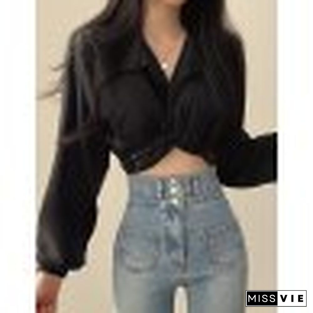 Knotted Tie Strap Cropped Long Sleeve Blouse