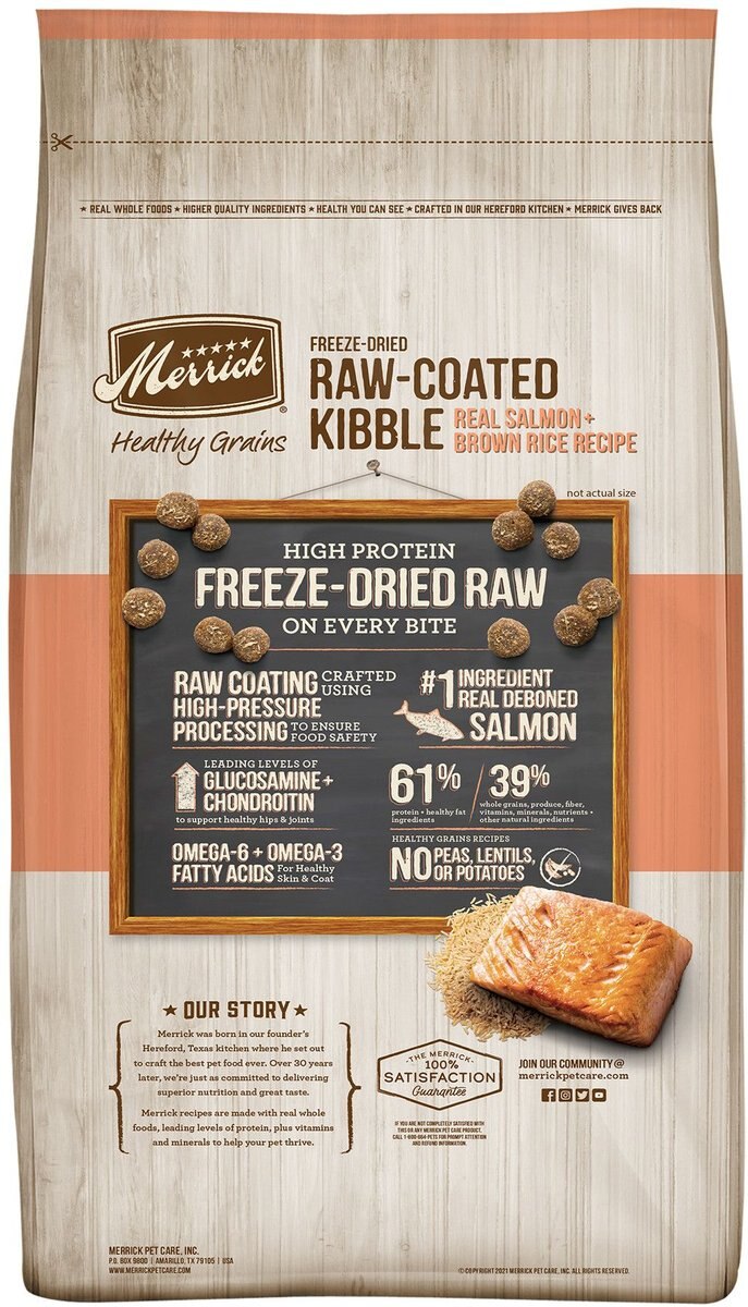 Merrick Healthy Grains Raw-Coated Kibble Real Salmon + Brown Rice Recipe Freeze-Dried Dry Dog Food