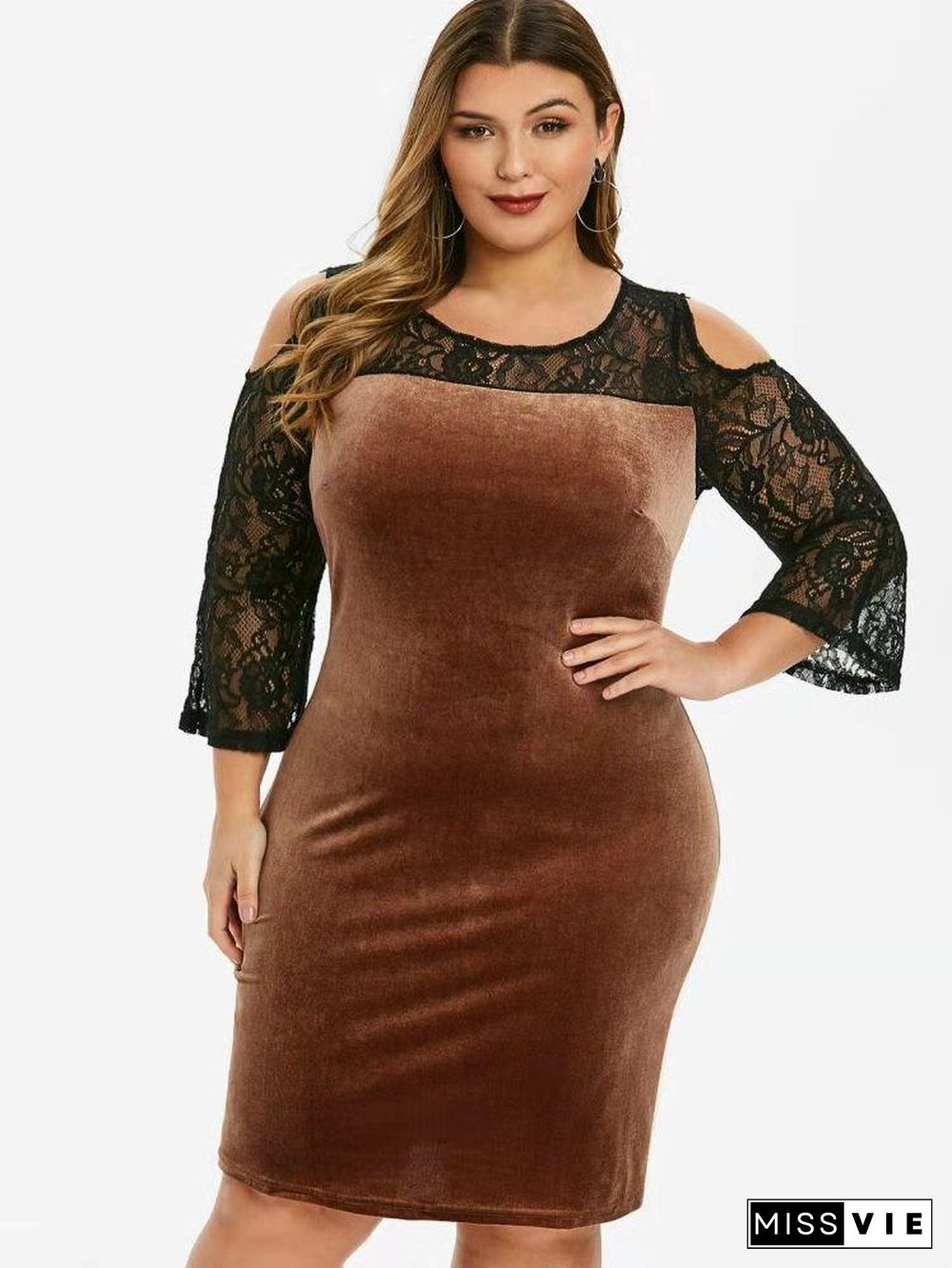 Black Lace Joint Round Neck Flannelette Dress