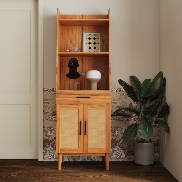 Rattan Door Display Case with drawer and Open Storage Shelves