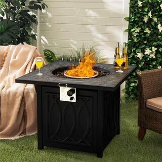 Costway 50000 BTU Propane 32 in. Stone Metal Fire Pit Table Square Tabletop with Lava Rocks Cover NP10464US-BK