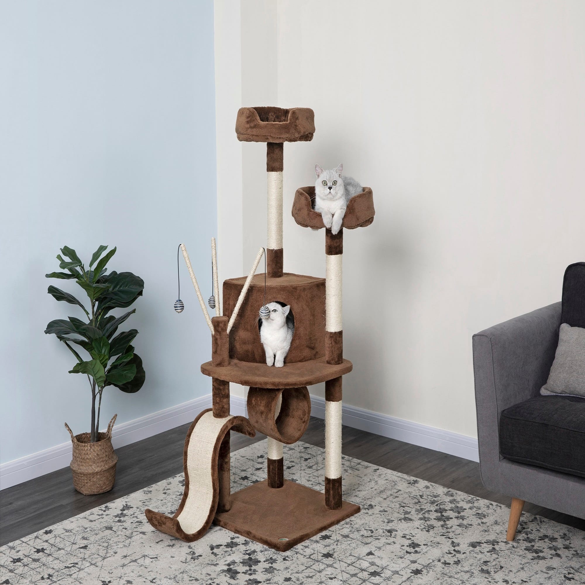 Go Pet Club Brown Cat Tree house with Dangling Toys and Slide， 55 H