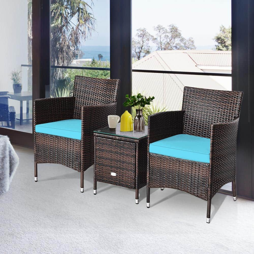 Gymax 3-Pieces Patio Outdoor Rattan Wicker Furniture Set with Coffee Table Turquoise Cushioned Chairs GYM04601