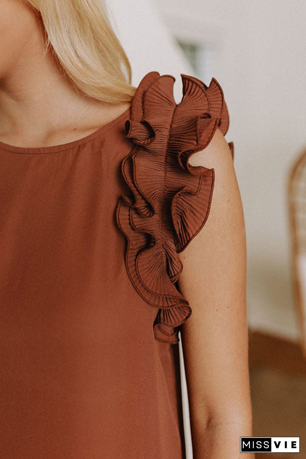 Brown Ruffles Armhole Tank Top