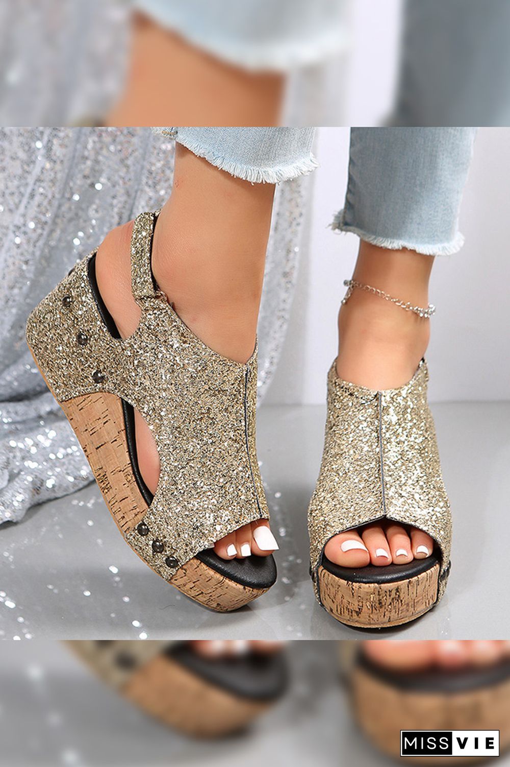 Bling Glitter Rivet Wedge Sandals