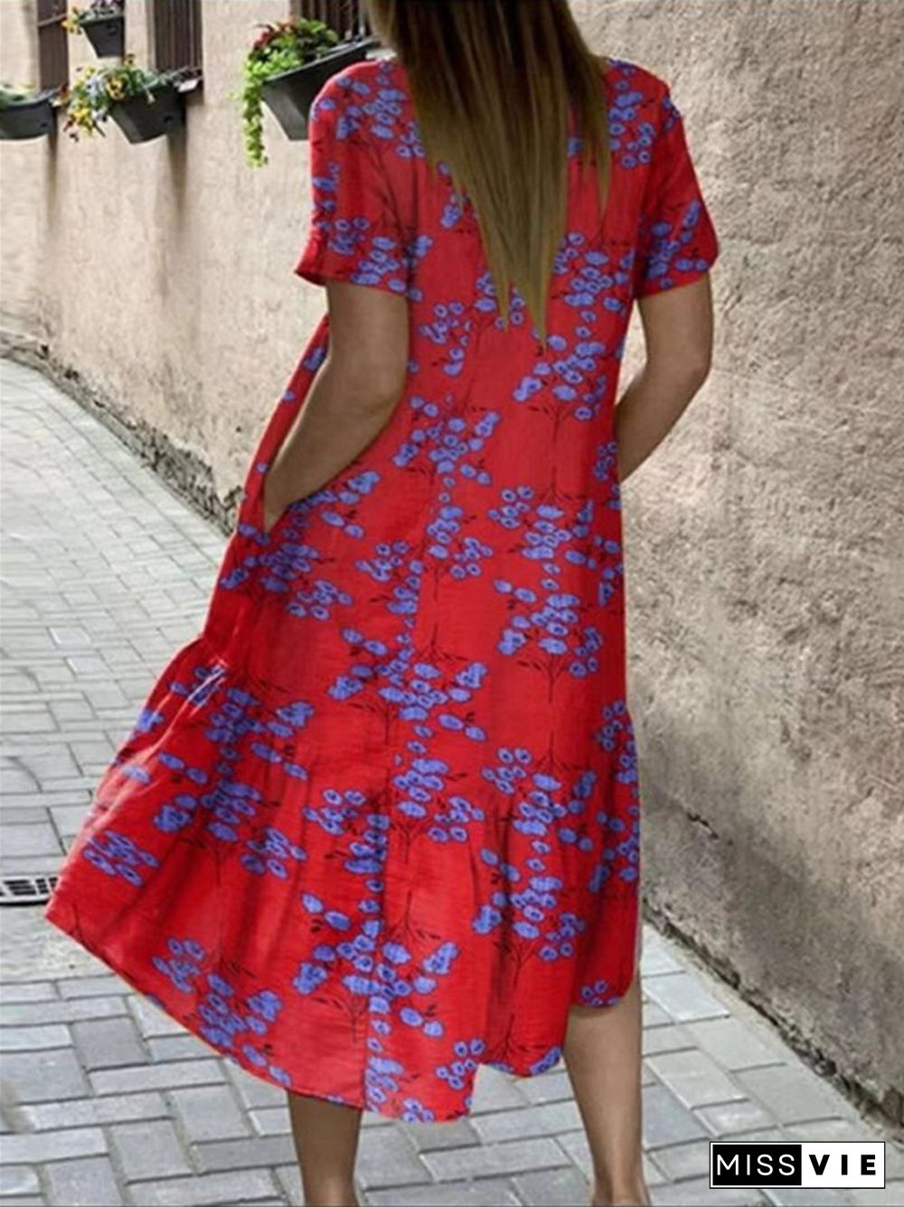 Flower Print Short Sleeve Plus Size Dress