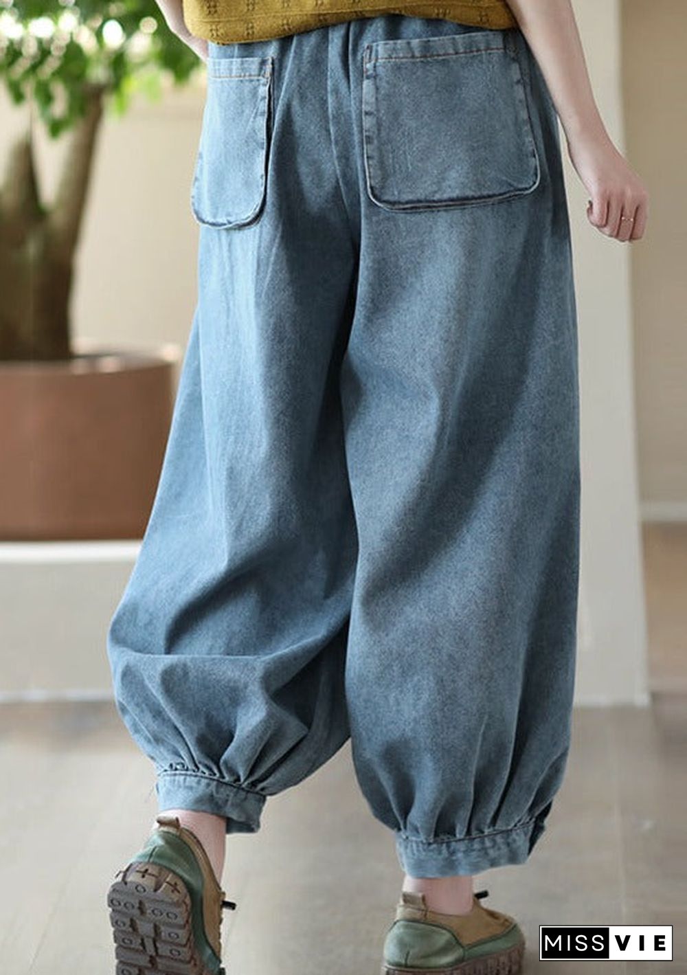 Loose Hollow Elasticity Denim Harem Pants