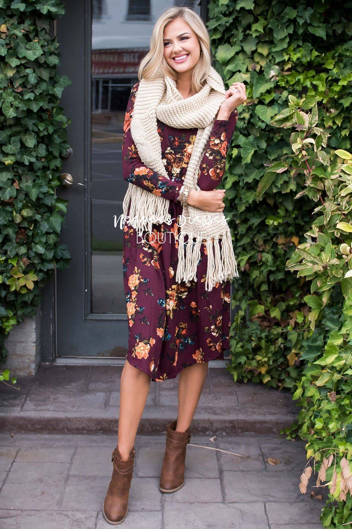 Burgundy In Bloom Long Sleeves Dress