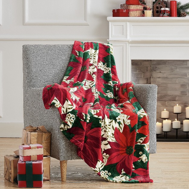 Kate Aurora Ultra Plush Christmas Morning Poinsettia Accent Throw Blanket 50 In W X 60 In L