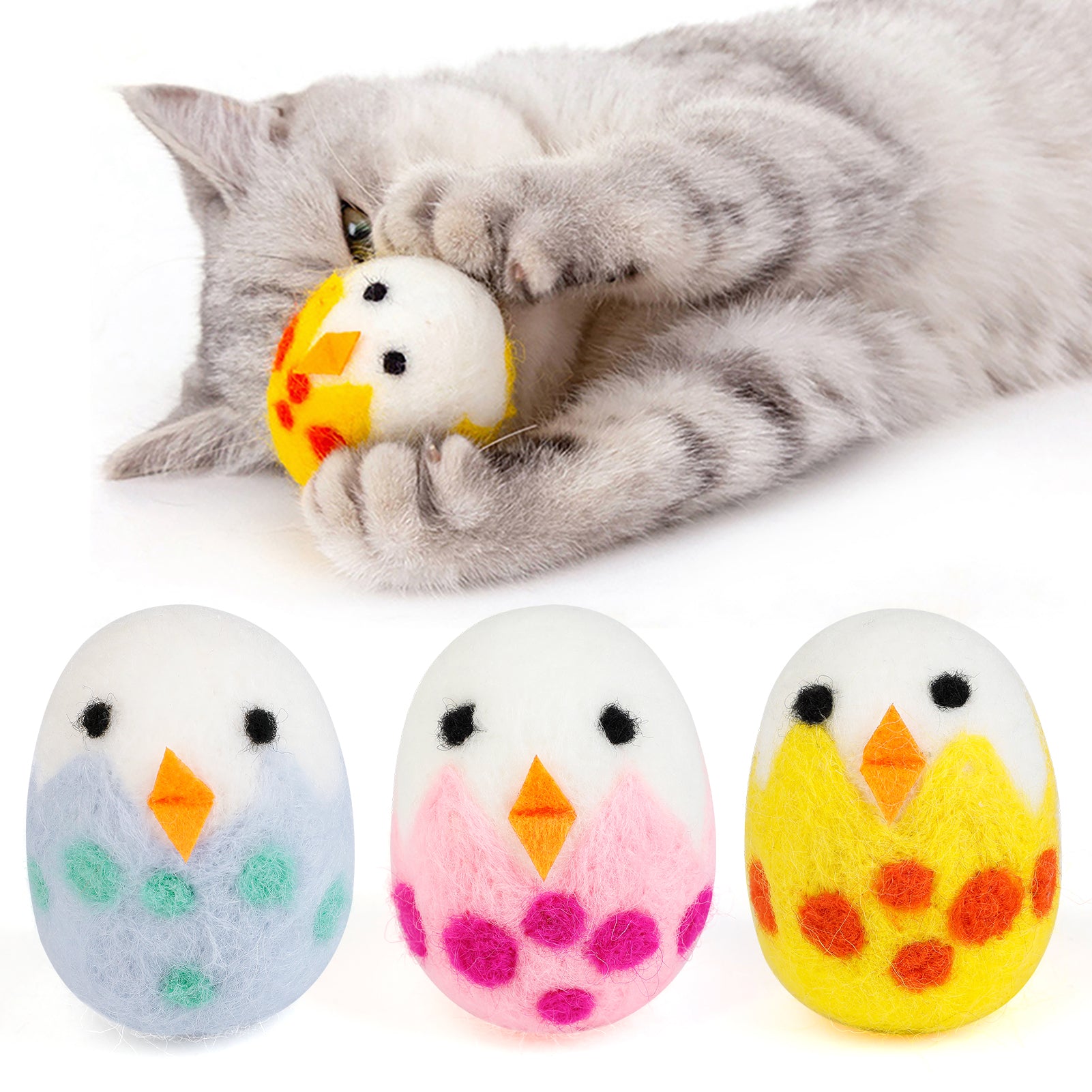 Legendog 3PCS Cat Catnip Toys Easter Cat Teething Toy Lovely Chicken Egg Kitten Chew Toy with Storage Bag for Indoor Cats