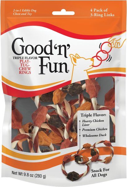 Good 'n' Fun Triple Flavor Play-Tug-Chew Rings Dog Dental Treats， 4 count