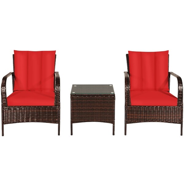 Costway 3 PCS Patio Wicker Rattan Furniture Set Coffee Table and 2