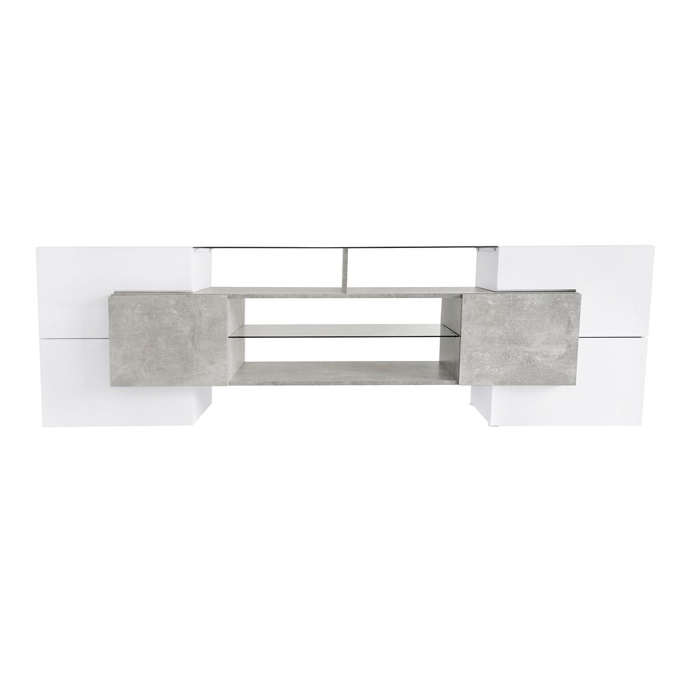 High Gloss TV Stand with 2 Illuminated Glass Shelves and Storage Cabinets  Entertainment Center with LED Lights for 80\