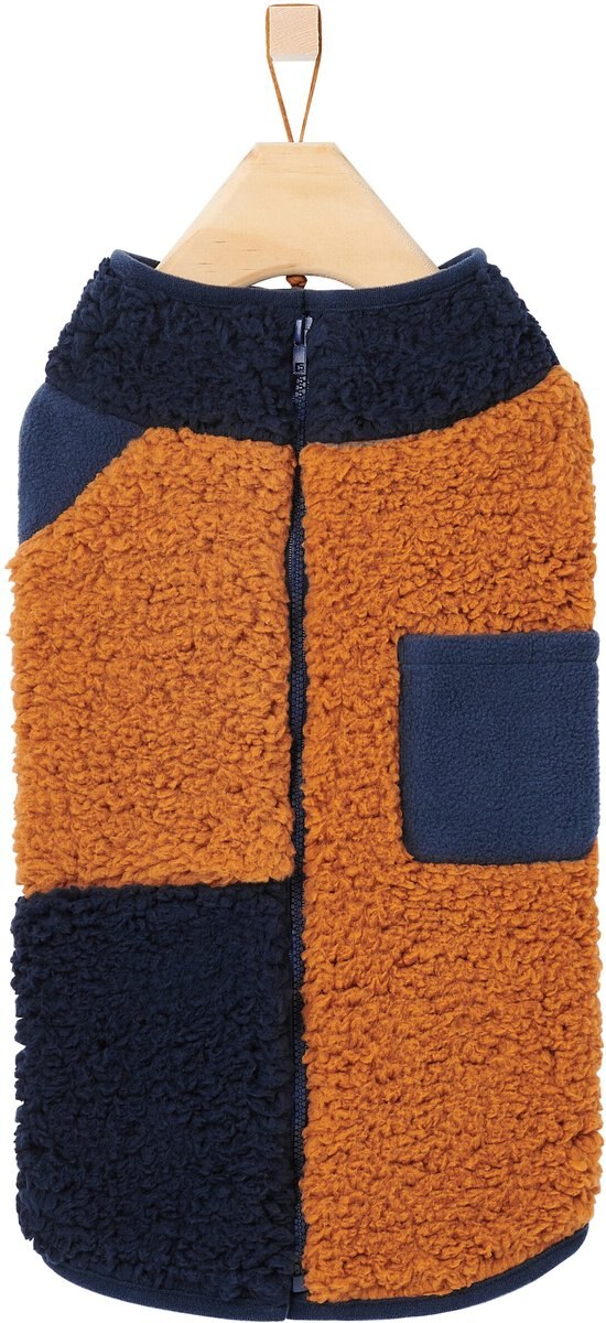 Frisco Lightweight Colorblock Dog and Cat Zippered Sherpa Fleece Vest， Blue/Brown