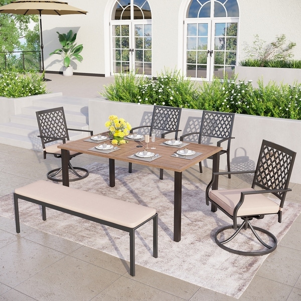 MAISON ARTS Patio Dining Set 6 Pieces with 1 Rectangle Teak Color Table，2 Swivel Chairs，2 Stackable Chairs and 1 Bench