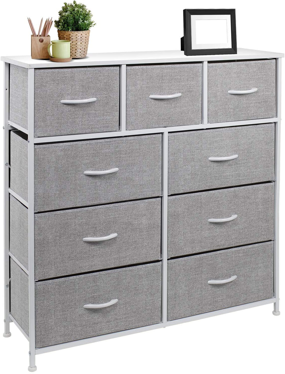 Sorbus Dresser with 9 Drawers - Transitional Décor, White Wood/Fabric Finish