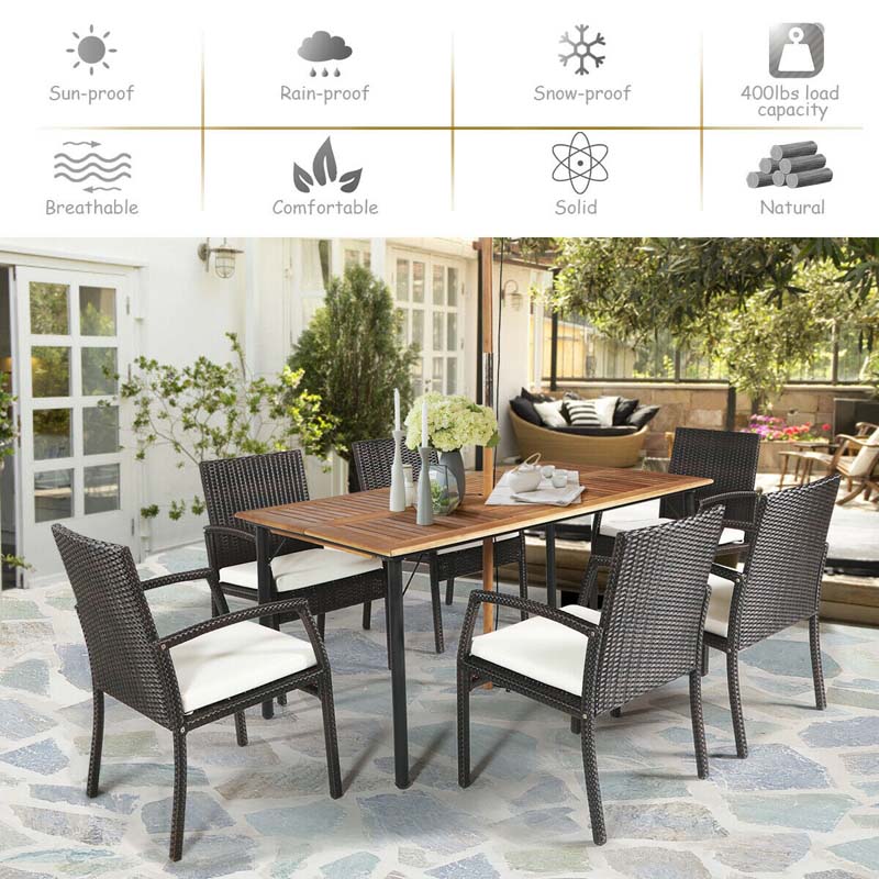 7 Pcs Rattan Patio Dining Set with Umbrella Hole, Acacia Wood Tabletop, Cushioned Chairs