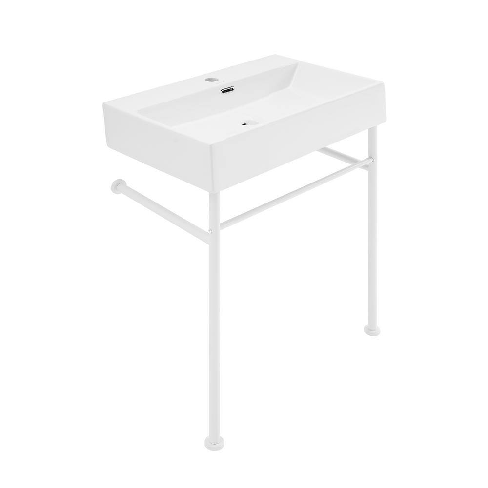 Swiss Madison Claire 24 in. Ceramic Console Sink Basin and Legs Combo in Glossy White Basin with Matte White Legs SM-CS741