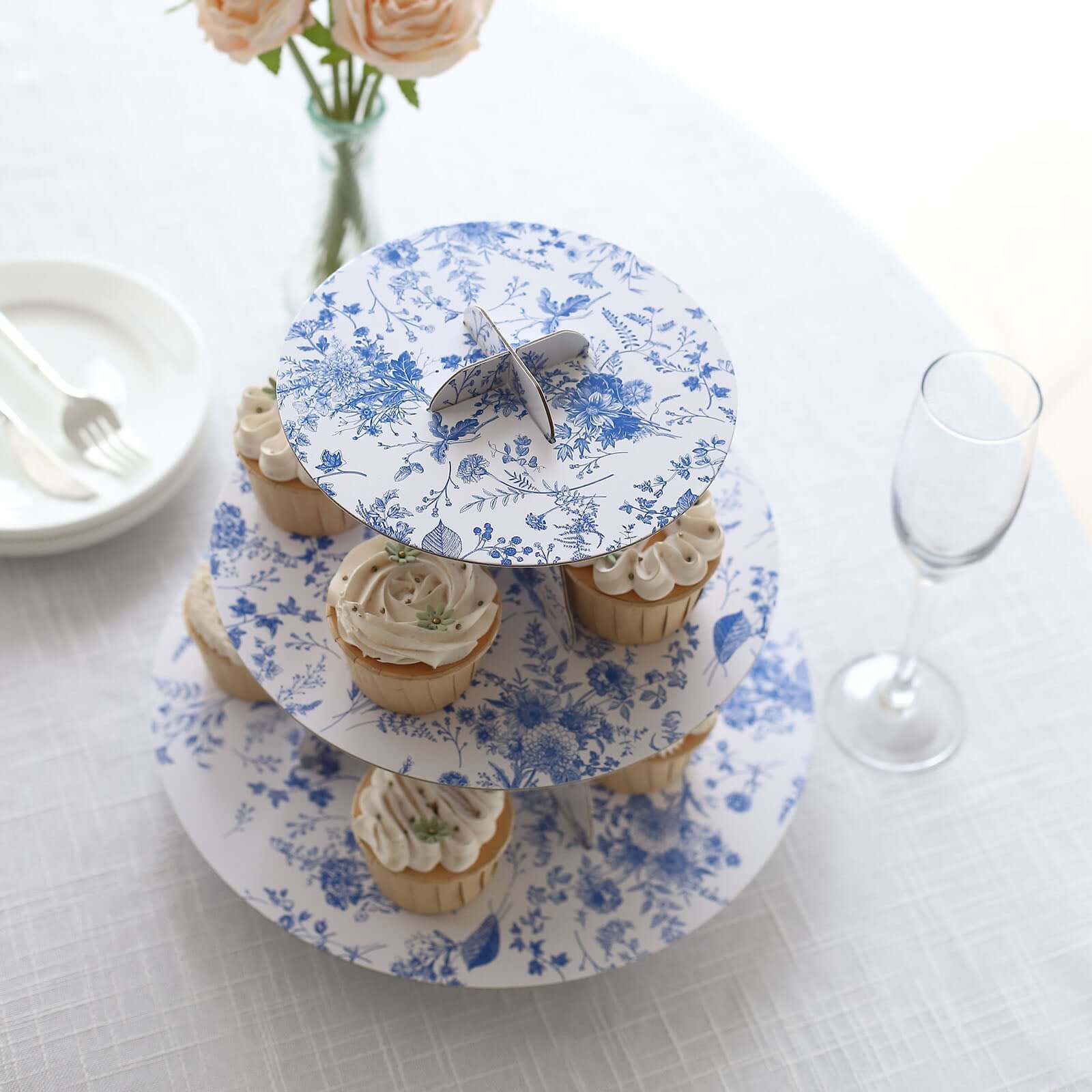 3-Tier White Blue Cardboard Cupcake Stand with French Toile Floral Pattern, Tea Party Dessert Display Stand Round Serving Platter - 11