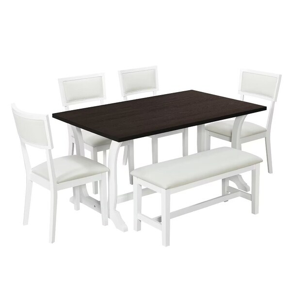 6Piece Trestle Dining Table Set w/ Upholstered Dining Chairs and Bench