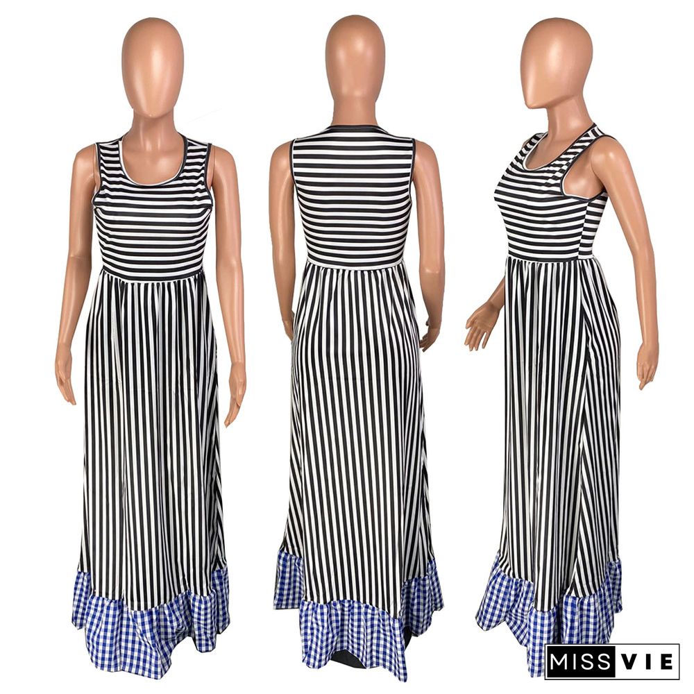 Stylish Striped Sleeveless Round Neck Stitching Maxi Dress