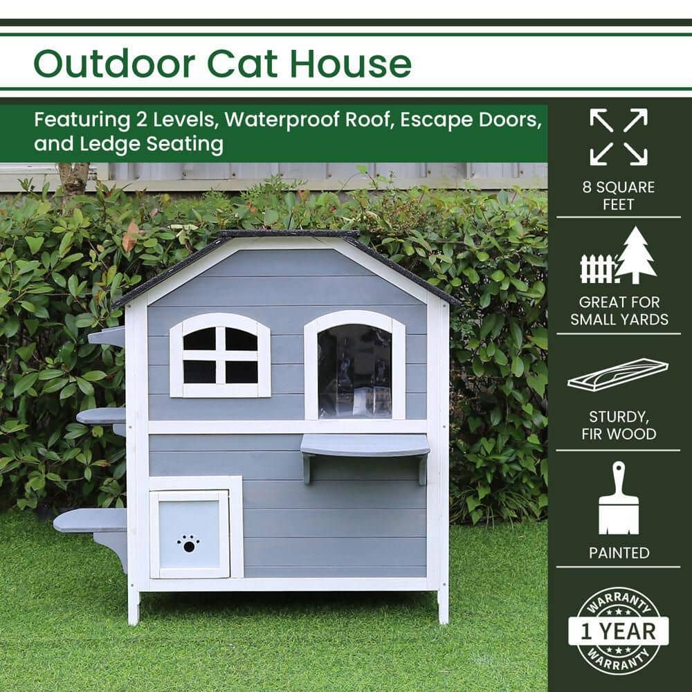 Hanover Outdoor Cat House with 2-Levels, Waterproof Roof, Escape Doors and Ledge Seating HANCH0101-WG