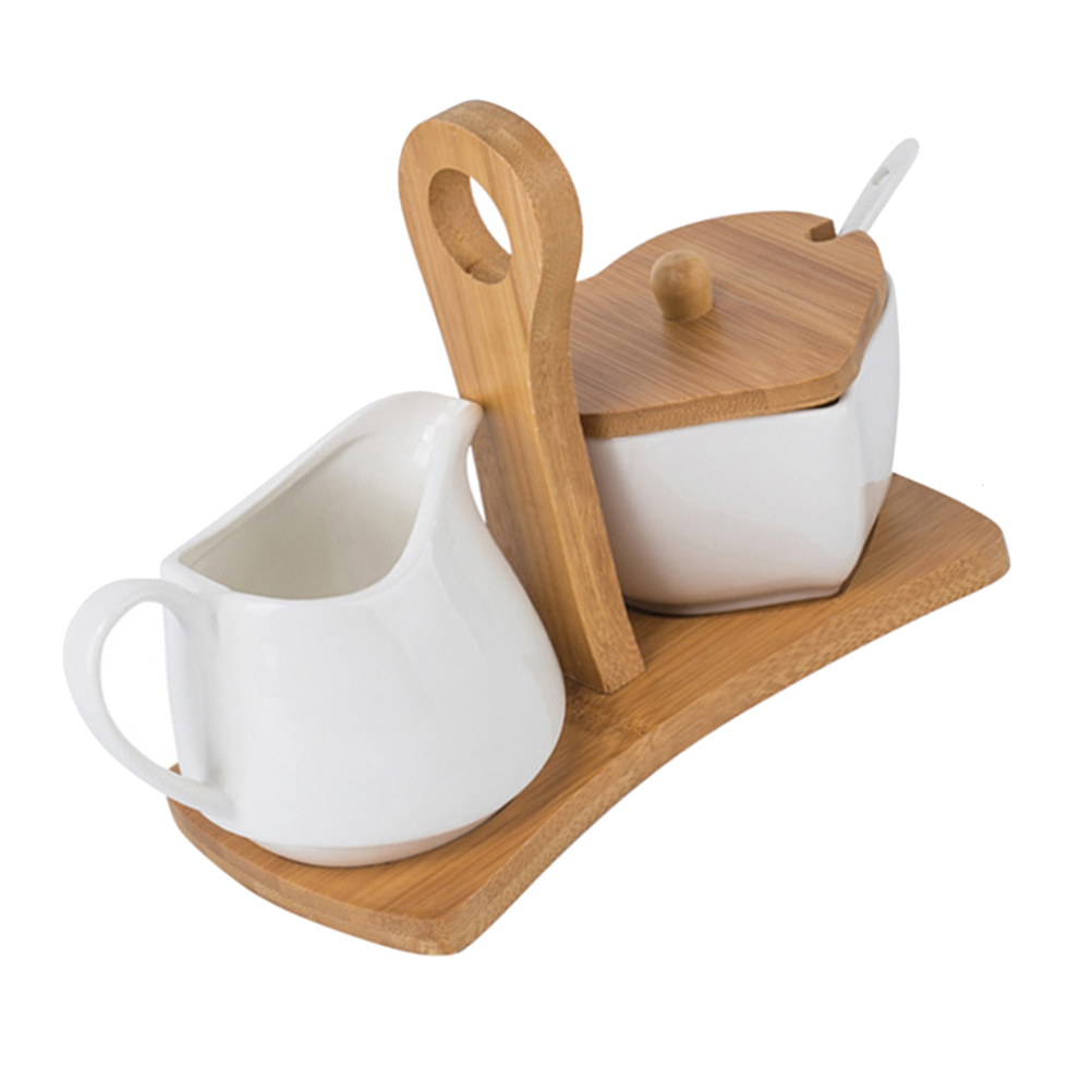 Tinksky Ceramic Sugar Bowl and Cream Pitcher Set with Bamboo Tray and Spoon for Home Hotel