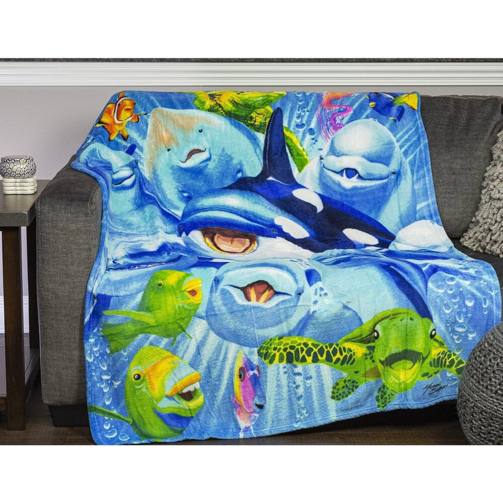 Ocean Animals Dolphin Shark Turtle Selfie Super Soft Plush Fleece Throw Blanket